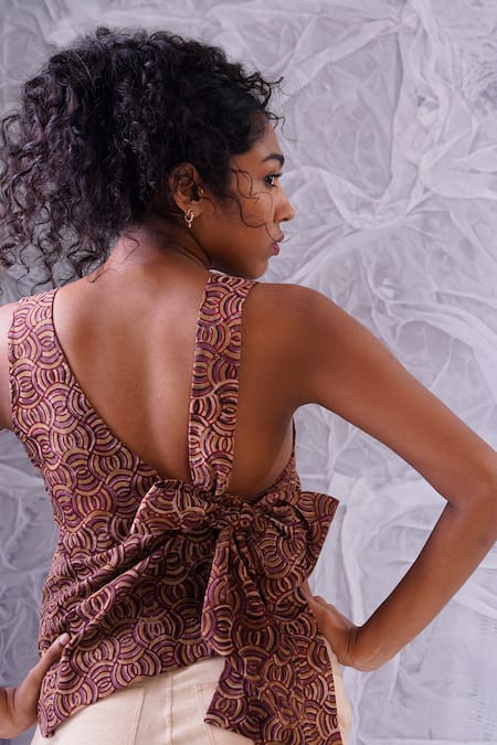 Shop_Label Rama_Red Cotton Hand Block Print Geometric Round Back Tie-up Top_Online_at_Aza_Fashions