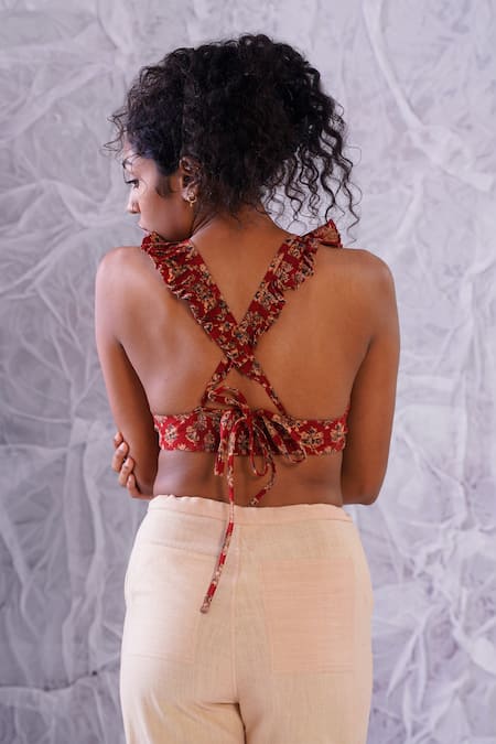 Shop_Label Rama_Red Cotton Hand Block Print Floral V Neck In The Light Crop Top_at_Aza_Fashions