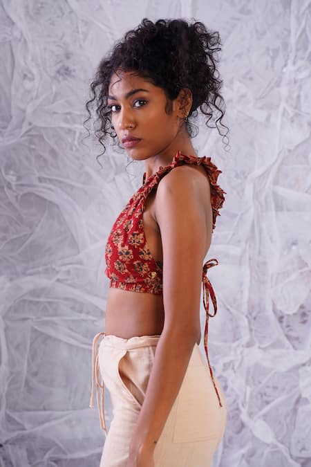 Label Rama_Red Cotton Hand Block Print Floral V Neck In The Light Crop Top_Online_at_Aza_Fashions