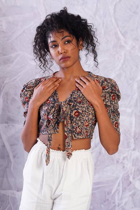 Label Rama_Blue Cotton Hand Block Print Floral V Neck Crop Top_Online_at_Aza_Fashions