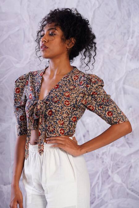 Buy_Label Rama_Blue Cotton Hand Block Print Floral V Neck Crop Top_Online_at_Aza_Fashions