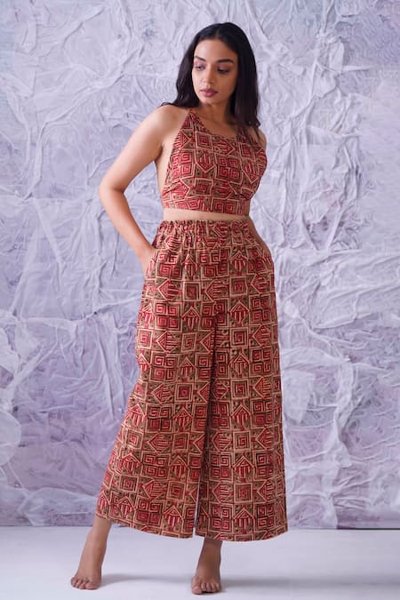 Label RaMa Red Cotton Hand Block Print Geometric Round Crop Top And Pant Co-ord Set 