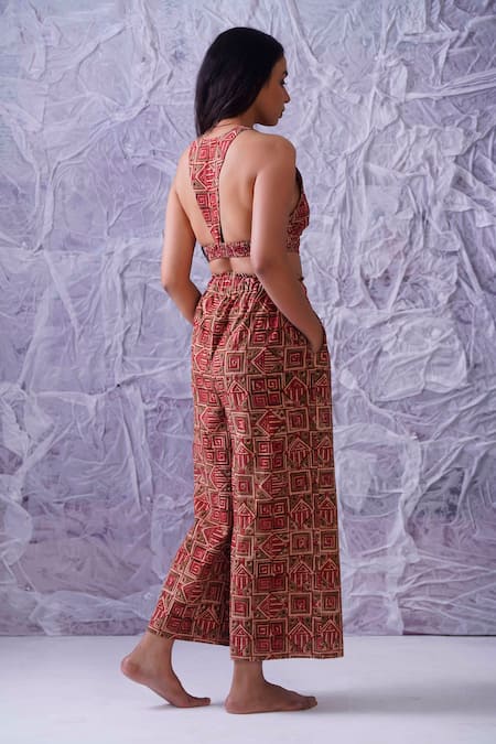 Label Rama Red Cotton Hand Block Print Geometric Round Crop Top And Pant Co-ord Set Online at Aza Fashions Label Rama_Red Cotton Hand Block Print Geometric Round Crop Top And Pant Co-ord Set_Online_at_Aza_Fashions
