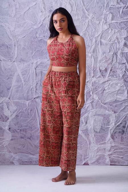 Buy Label Rama Red Cotton Hand Block Print Geometric Round Crop Top And Pant Co-ord Set Online at Aza Fashions Buy_Label Rama_Red Cotton Hand Block Print Geometric Round Crop Top And Pant Co-ord Set_Online_at_Aza_Fashions