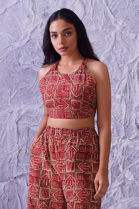 Shop Label Rama Red Cotton Hand Block Print Geometric Round Crop Top And Pant Co-ord Set Online at Aza Fashions Shop_Label Rama_Red Cotton Hand Block Print Geometric Round Crop Top And Pant Co-ord Set_Online_at_Aza_Fashions