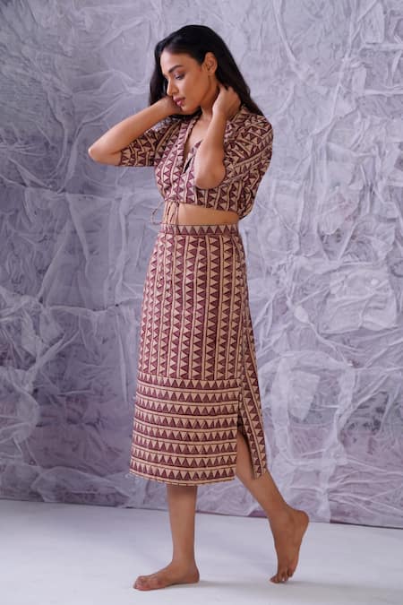 Label RaMa Purple Cotton Hand Block Print Geometric V Neck Crop Top And Skirt Co-ord Set 