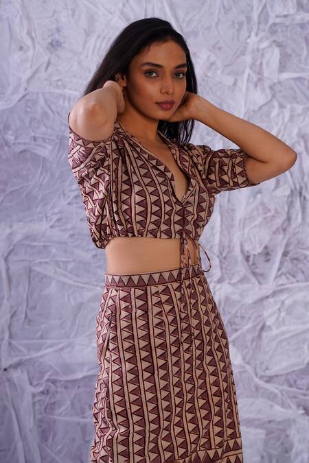 Label Rama_Purple Cotton Hand Block Print Geometric V Neck Crop Top And Skirt Co-ord Set_Online_at_Aza_Fashions