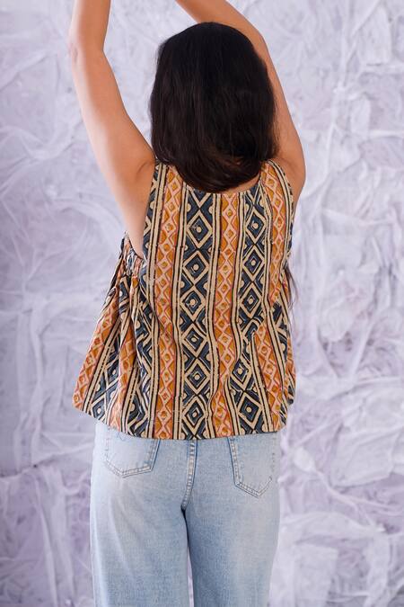 Shop_Label Rama_Multi Color Cotton Hand Block Print Geometric High Neck Top_at_Aza_Fashions