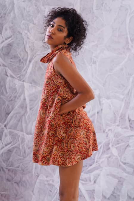 Buy_Label Rama_Red Cotton Hand Block Print Paisley Cowl Neck Short Dress_Online_at_Aza_Fashions
