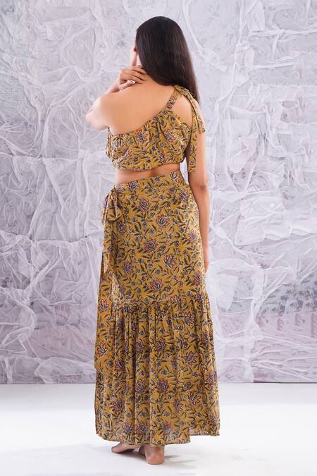 Shop_Label Rama_Yellow Cotton Hand Block Print Geometric Asymmetric Crop Top With Skirt_at_Aza_Fashions