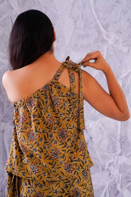 Label Rama_Yellow Cotton Hand Block Print Geometric Asymmetric Crop Top With Skirt_Online_at_Aza_Fashions