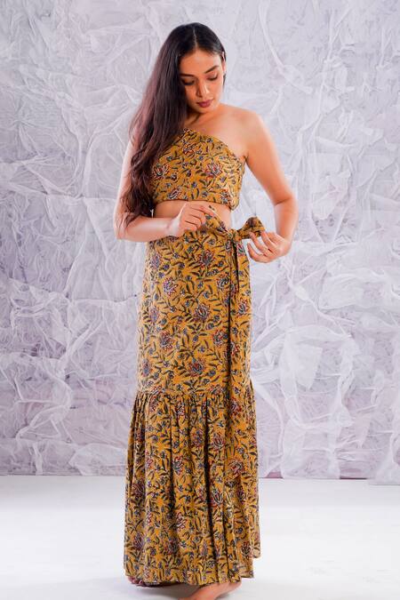 Shop_Label Rama_Yellow Cotton Hand Block Print Geometric Asymmetric Crop Top With Skirt_Online_at_Aza_Fashions