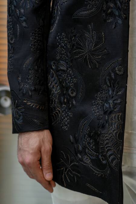 Jatin Malik Black Linen, Silk Embroidery Parisian Night Long Bandhgala Online at Aza Fashions Jatin Malik_Black Linen, Silk Embroidery Parisian Night Long Bandhgala _Online_at_Aza_Fashions