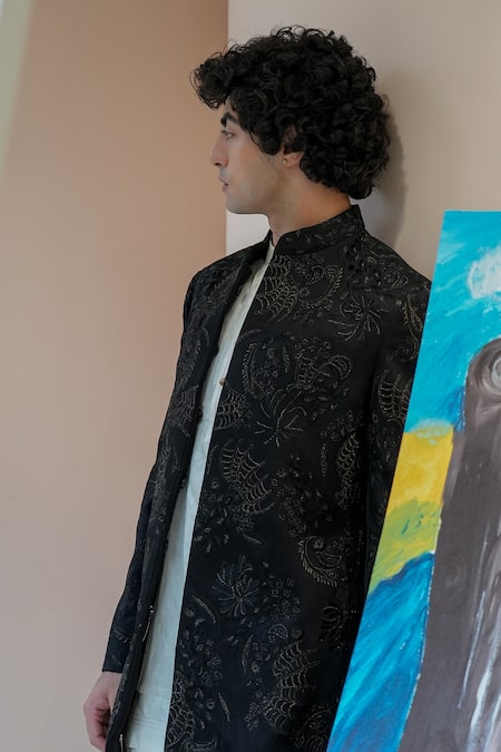 Buy Jatin Malik Black Linen, Silk Embroidery Parisian Night Long Bandhgala Online at Aza Fashions Buy_Jatin Malik_Black Linen, Silk Embroidery Parisian Night Long Bandhgala _Online_at_Aza_Fashions