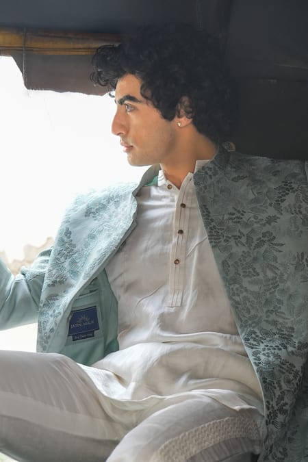 Shop_Jatin Malik_Grey Linen, Silk Embroidery Into The Sky Bandhgala _at_Aza_Fashions