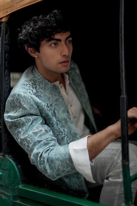 Jatin Malik_Grey Linen, Silk Embroidery Into The Sky Bandhgala _Online_at_Aza_Fashions