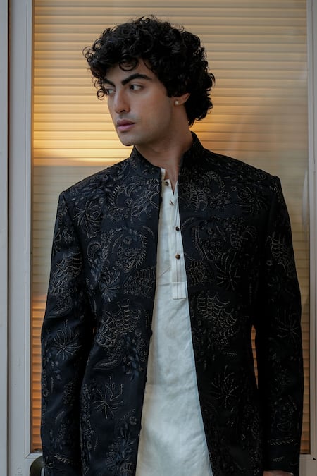 Shop Jatin Malik Black Linen, Silk Embroidery Parisian Night Long Bandhgala And Pant Set at Aza Fashions Shop_Jatin Malik_Black Linen, Silk Embroidery Parisian Night Long Bandhgala And Pant Set _at_Aza_Fashions