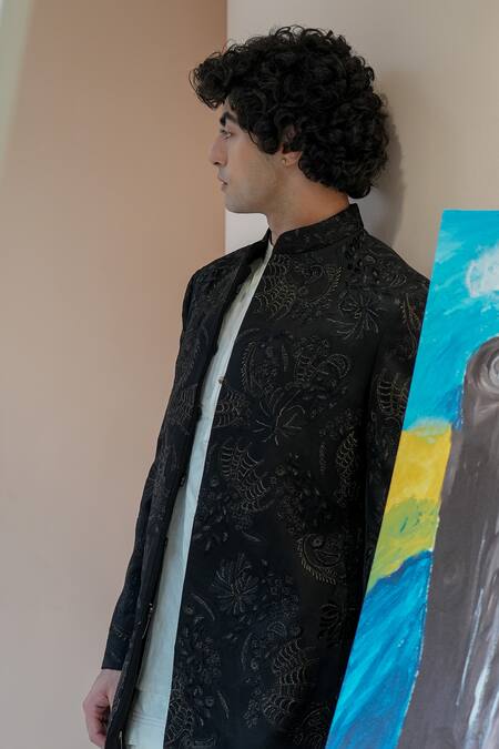 Buy Jatin Malik Black Linen, Silk Embroidery Parisian Night Long Bandhgala And Pant Set Online at Aza Fashions Buy_Jatin Malik_Black Linen, Silk Embroidery Parisian Night Long Bandhgala And Pant Set _Online_at_Aza_Fashions