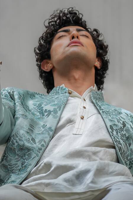 Jatin Malik_Grey Linen, Silk Embroidery Into The Sky Bandhgala And Pant Set _Online_at_Aza_Fashions