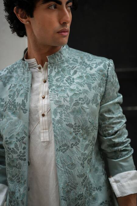 Jatin Malik_Grey Linen, Silk Embroidery Into The Sky Bandhgala And Pant Set _at_Aza_Fashions