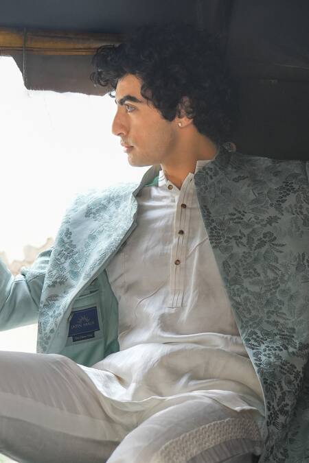 Shop_Jatin Malik_Grey Linen, Silk Embroidery Into The Sky Bandhgala And Pant Set 