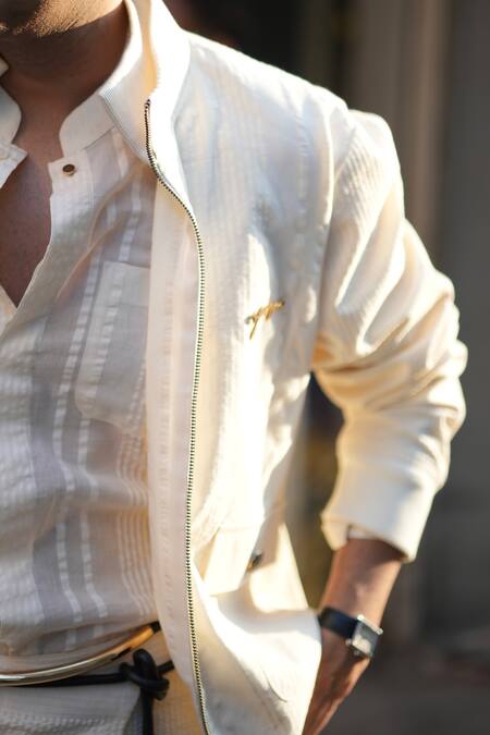 Jatin Malik Ivory Plumb Textured Bomber Jacket Online at Aza Fashions Jatin Malik_Ivory Plumb Textured Bomber Jacket _Online_at_Aza_Fashions