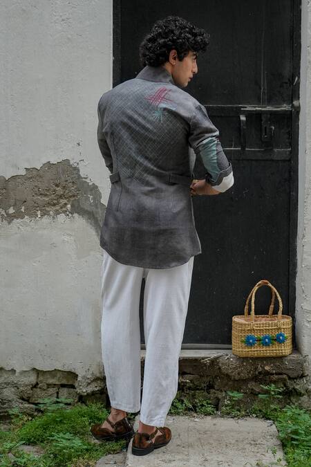 Shop Jatin Malik Grey Cotton, Linen Abstract Print Overshirt at Aza Fashions Shop_Jatin Malik_Grey Cotton, Linen Abstract Print Overshirt_at_Aza_Fashions