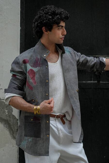 Jatin Malik Grey Cotton, Linen Abstract Print Overshirt Online at Aza Fashions Jatin Malik_Grey Cotton, Linen Abstract Print Overshirt_Online_at_Aza_Fashions