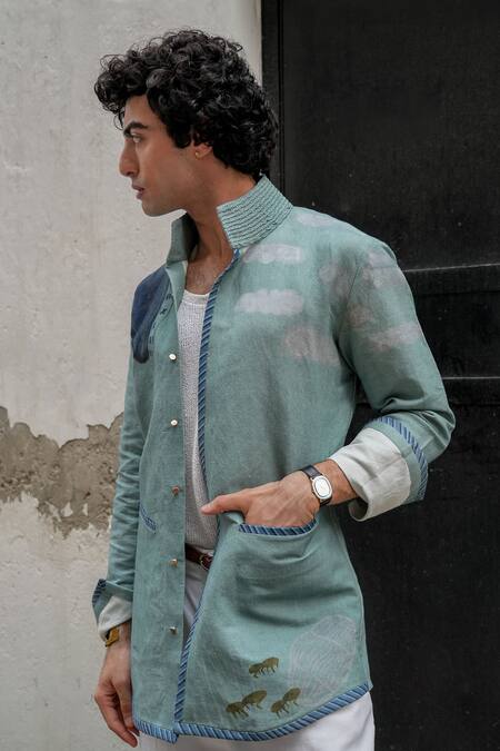 Jatin Malik_Grey Cotton, Linen Print Holiday Overshirt_Online_at_Aza_Fashions
