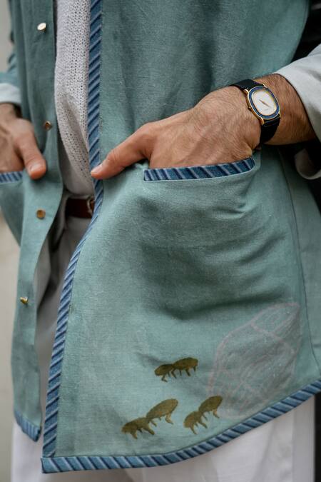 Buy_Jatin Malik_Grey Cotton, Linen Print Holiday Overshirt_Online_at_Aza_Fashions