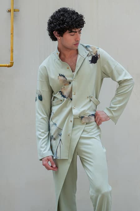 Buy Jatin Malik Green Kota Doria Embroidery Landscape Print Kelly Overshirt Online at Aza Fashions Buy_Jatin Malik_Green Kota Doria Embroidery Landscape Print Kelly Overshirt_Online_at_Aza_Fashions