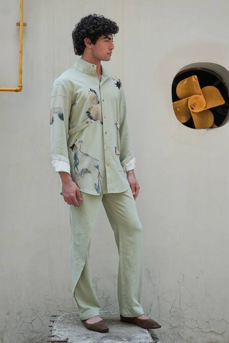 Shop Jatin Malik Green Kota Doria Embroidery Landscape Print Kelly Overshirt Online at Aza Fashions Shop_Jatin Malik_Green Kota Doria Embroidery Landscape Print Kelly Overshirt_Online_at_Aza_Fashions