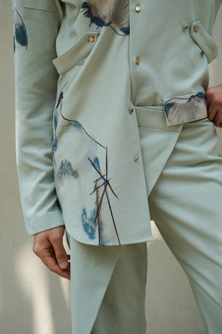 Jatin Malik Green Kota Doria Embroidery Landscape Print Kelly Overshirt at Aza Fashions Jatin Malik_Green Kota Doria Embroidery Landscape Print Kelly Overshirt_at_Aza_Fashions