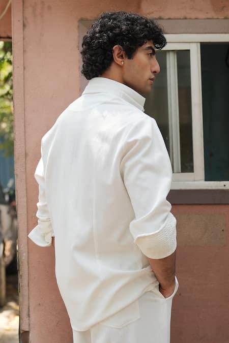 Shop_Jatin Malik_Ivory Linen Double Collar Ink Overshirt _at_Aza_Fashions