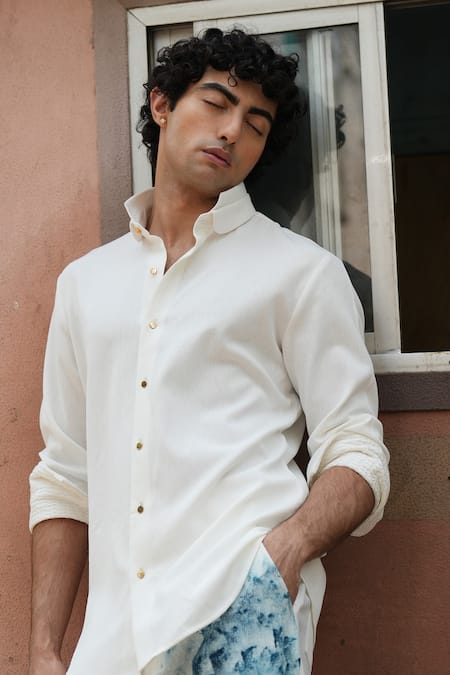 Jatin Malik_Ivory Linen Double Collar Ink Overshirt _Online_at_Aza_Fashions