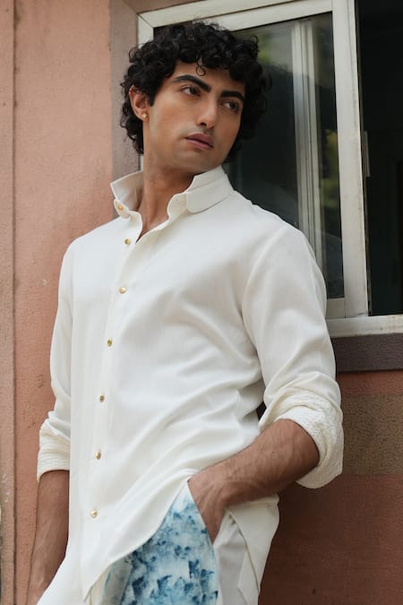 Shop_Jatin Malik_Ivory Linen Double Collar Ink Overshirt _Online_at_Aza_Fashions
