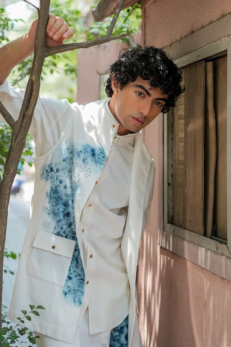 Jatin Malik_Ivory Linen Double Collar Ink Overshirt _at_Aza_Fashions