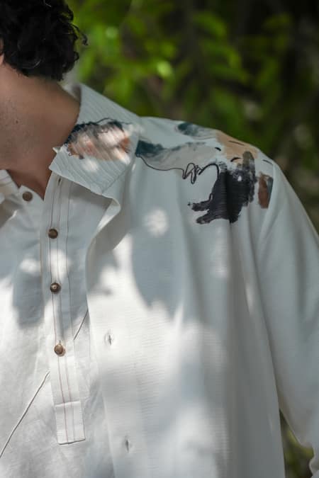 Shop_Jatin Malik_Ivory Kota Doria Abstract Print Windmill Overshirt_at_Aza_Fashions