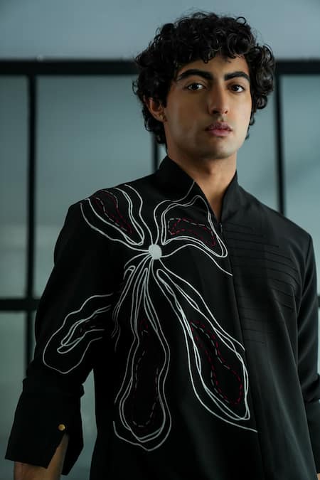 Shop_Jatin Malik_Black Maheshwari Embroidery Flower Painted Overshirt _at_Aza_Fashions