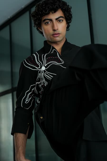 Jatin Malik_Black Maheshwari Embroidery Flower Painted Overshirt _Online_at_Aza_Fashions