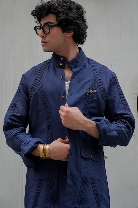 Jatin Malik_Blue Cotton, Linen Embroidery Pintuck Midnight 11 Overshirt _Online_at_Aza_Fashions