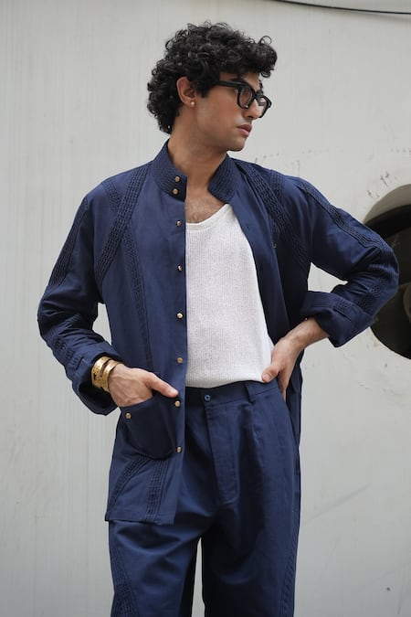 Buy_Jatin Malik_Blue Cotton, Linen Embroidery Pintuck Midnight 11 Overshirt _Online_at_Aza_Fashions