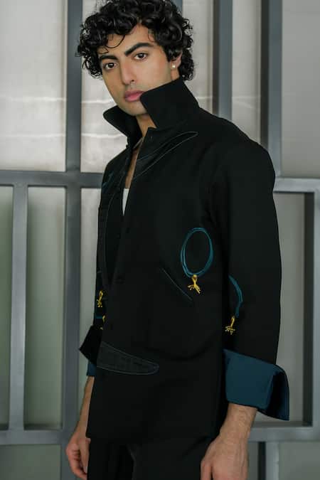 Jatin Malik Black Tassels, Embroidery Abstract Patchwork Allay Overshirt Online at Aza Fashions Jatin Malik_Black Tassels, Embroidery Abstract Patchwork Allay Overshirt _Online_at_Aza_Fashions