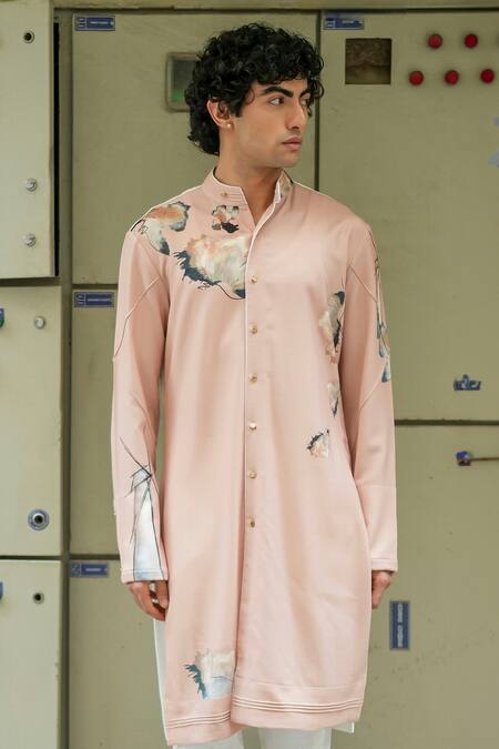 Jatin Malik Pink Jersey, Linen, Silk Landscape Printe Kurta With Pant Online at Aza Fashions Jatin Malik_Pink Jersey, Linen, Silk Landscape Printe Kurta With Pant _Online_at_Aza_Fashions