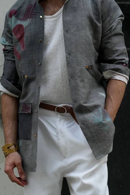 Shop Jatin Malik Grey Cotton, Linen Embroidery Abstract Print Overshirt With Pant Online at Aza Fashions Shop_Jatin Malik_Grey Cotton, Linen Embroidery Abstract Print Overshirt With Pant_Online_at_Aza_Fashions