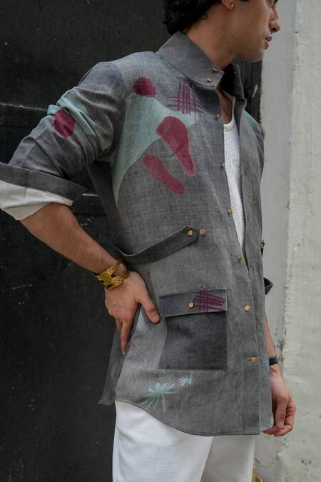 Jatin Malik Grey Cotton, Linen Embroidery Abstract Print Overshirt With Pant at Aza Fashions Jatin Malik_Grey Cotton, Linen Embroidery Abstract Print Overshirt With Pant_at_Aza_Fashions
