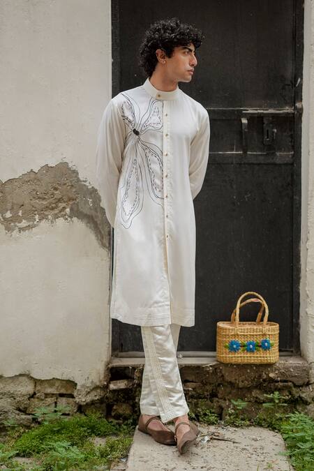 Jatin Malik_White Bamboo, Crepe, Linen, Silk Embroidery Floral Bloom Kurta With Pant _Online_at_Aza_Fashions