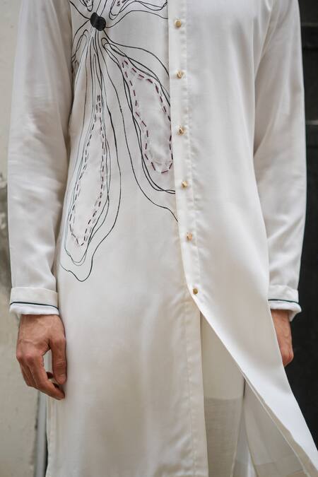 Buy_Jatin Malik_White Bamboo, Crepe, Linen, Silk Embroidery Floral Bloom Kurta With Pant _Online_at_Aza_Fashions