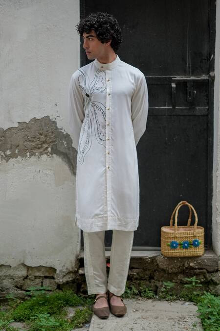 Shop_Jatin Malik_White Bamboo, Crepe, Linen, Silk Embroidery Floral Bloom Kurta With Pant _Online_at_Aza_Fashions
