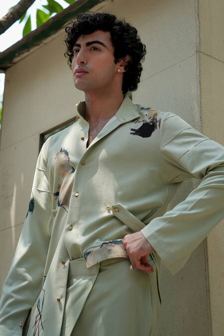 Jatin Malik_Green Linen Landscape Print Kelly Overshirt With Pant_Online_at_Aza_Fashions
